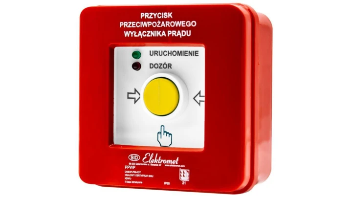 Przycisk ppoż wyłącznika prądu n/t 2 tory prądowe 12A, NC-NC, diody czerwona/zielona PPWP-3 B