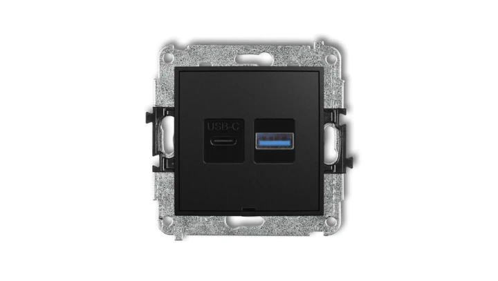 MINI Mechanizm ładowarki USB podwójnej USB C + USB A, 30W max., bez pola opisowego czarny mat 12MCUSBBO-10