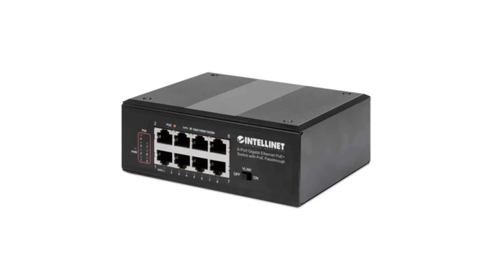Switch Gigabit 8xPoE+ Passthrough zasilany PoE lub AC, VLAN