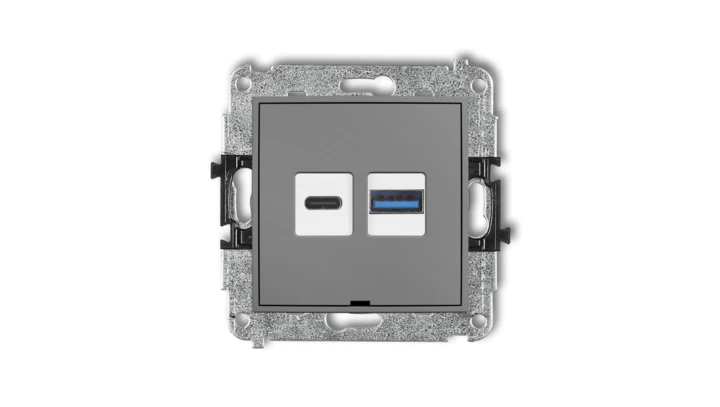 MINI Mechanizm ładowarki USB podwójnej USB C + USB A, 30W max., bez pola opisowego szary mat 27MCUSBBO-10