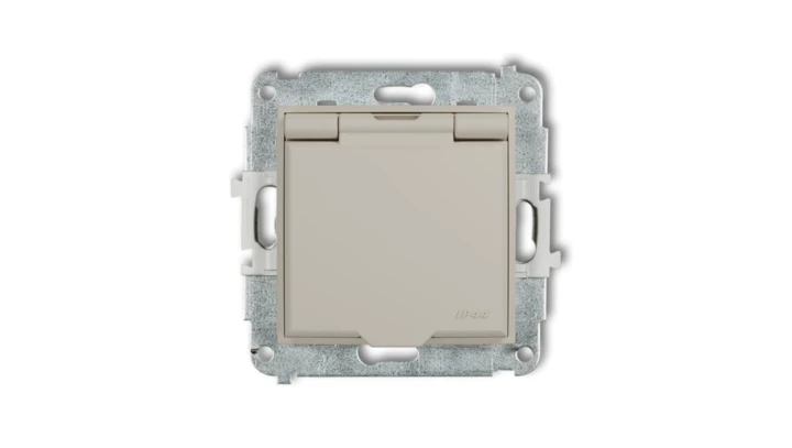MINI Mechanizm gniazda bryzgoszczelnego z uziemieniem 2P+Z (klapka biały mat, przesłony torów prądowych) taupe 60IGPB-1zp
