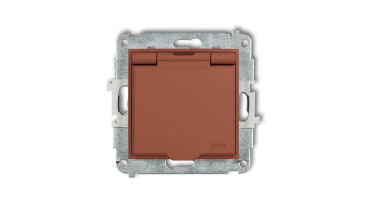 ICON Mechanizm gniazda bryzgoszczelnego z uziemieniem 2P+Z (klapka terakota, przesłony torów prądowych) terakota 63IGPB-1zp