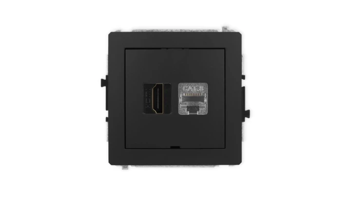 DECO Mechanizm gniazda HDMI 2.1, 8K + gniazda 1xRJ45, kat. 8, ekranowany, 8-stykowy, bez pola opisowego czarny mat 12DGHKBO-88