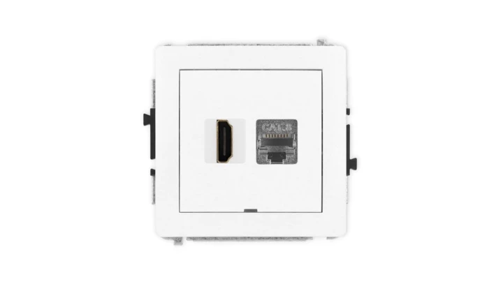 DECO Mechanizm gniazda HDMI 2.1, 8K + gniazda 1xRJ45, kat. 8, ekranowany, 8-stykowy, bez pola opisowego biały mat 25DGHKBO-88