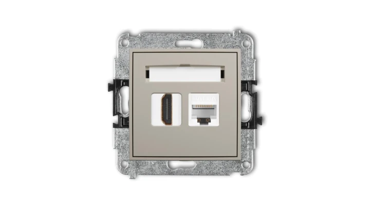 MINI Mechanizm gniazda pojedynczego HDMI 2.1, 8K + gniazda komp. poj. 1xRJ45, kat. 6A, 8-stykowy taupe 60MGHK-86A