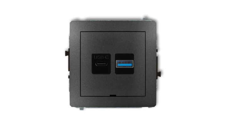 DECO Mechanizm ładowarki USB podwójnej USB C + USB A, 30W max., bez pola opisowego grafitowy 11DCUSBBO-10