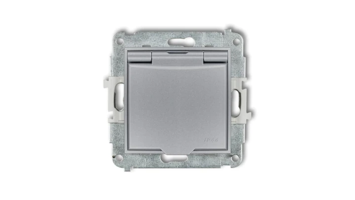 ICON Mechanizm gniazda bryzgoszczelnego z uziemieniem 2P+Z (klapka srebrny metalik, przesłony) srebrny metalik 7IGPB-1zp