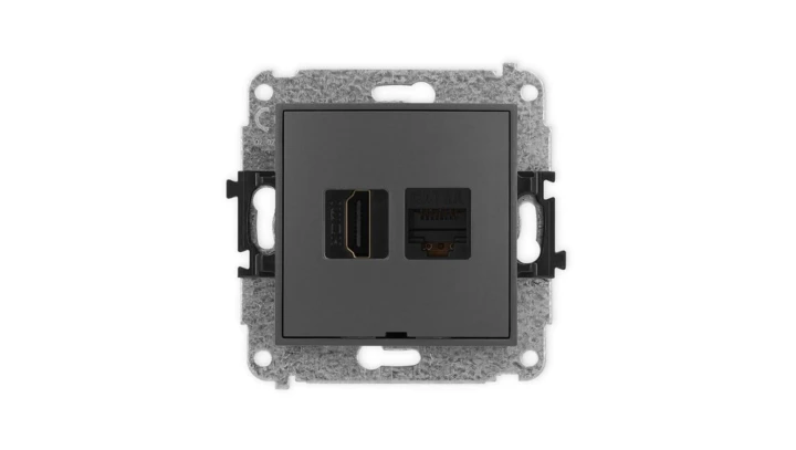 MINI Mechanizm gniazda HDMI 2.0, 4K + gniazda 1xRJ45, kat. 6A, 8-stykowy, bez pola opisowego grafitowy mat 28MGHKBO-46A
