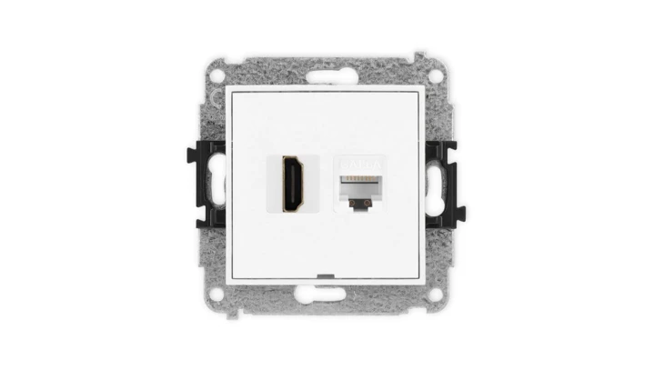 MINI Mechanizm gniazda HDMI 2.0, 4K + gniazda komp. poj. 1xRJ45, kat. 6A, 8-stykowy, bez pola opisowego biały mat 25MGHKBO-46A
