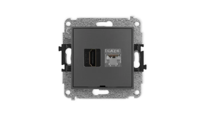 MINI Mechanizm gniazda HDMI 2.0, 4K + gniazda 1xRJ45, kat. 6, ekranowany, 8-stykowy, bez opisu grafitowy mat 28MGHKBO-46