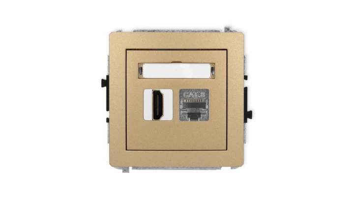 DECO Mechanizm gniazda HDMI 2.1, 8K + gniazda komp. poj. 1xRJ45, kat. 8, ekranowany, 8-stykowy złoty metalik 8DGHK-88