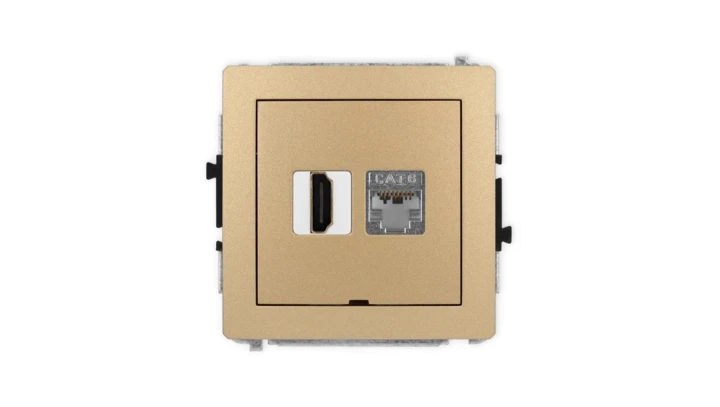 DECO Mechanizm gniazda HDMI 2.0, 4K + gniazda 1xRJ45, kat. 6, ekranowany, 8-stykowy, bez pola opisowego złoty metalik 8DGHKBO-46