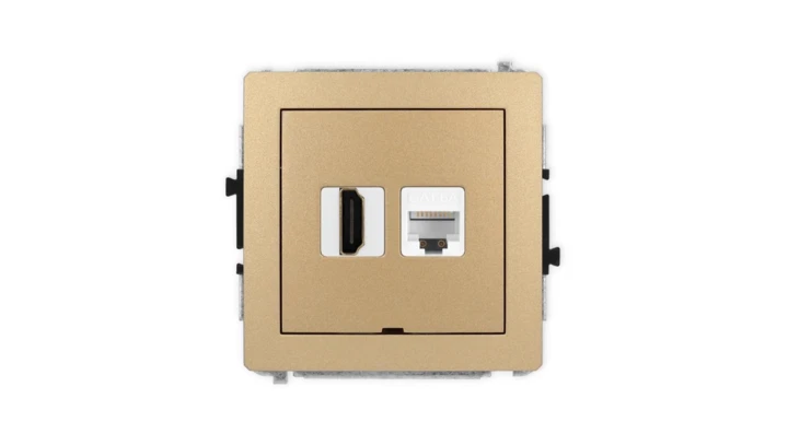 DECO Mechanizm gniazda HDMI 2.0, 4K + gniazda 1xRJ45, kat. 6A, 8-stykowy, bez pola opisowego złoty metalik 8DGHKBO-46A