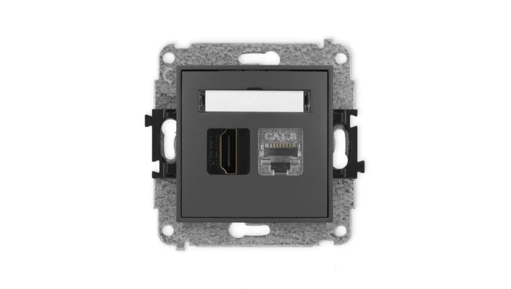 MINI Mechanizm gniazda HDMI 2.1, 8K + gniazda komp. poj. 1xRJ45, kat. 8, ekranowany, 8-stykowy grafitowy mat 28MGHK-88