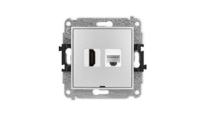 MINI Mechanizm gniazda HDMI 2.0, 4K + gniazda 1xRJ45, kat. 6A, 8-stykowy, bez pola opisowego srebrny metalik 7MGHKBO-46A