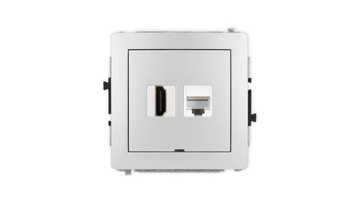 DECO Mechanizm gniazda HDMI 2.1, 8K + gniazda 1xRJ45, kat. 6A, 8-stykowy, bez pola opisowego srebrny metalik 7DGHKBO-86A