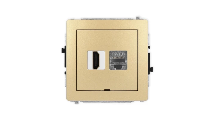 DECO Mechanizm gniazda HDMI 2.1, 8K + gniazda 1xRJ45, kat. 8, ekranowany, 8-stykowy, bez pola opisowego złoty 29DGHKBO-88
