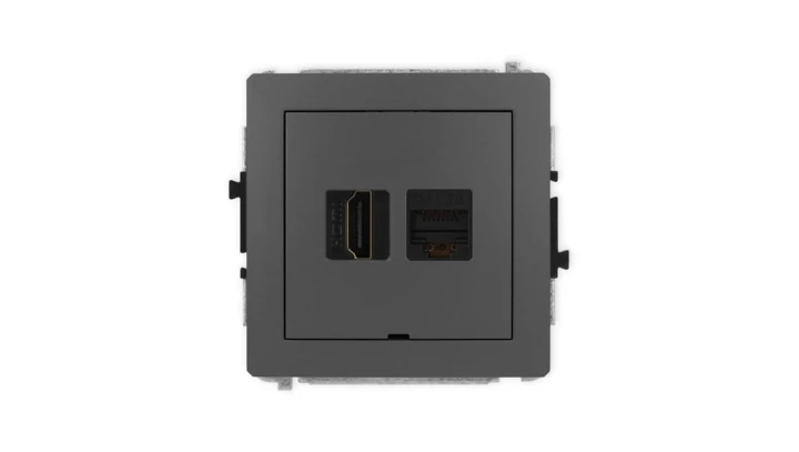 DECO Mechanizm gniazda HDMI 2.0, 4K + gniazda 1xRJ45, kat. 6A, 8-stykowy, bez pola opisowego grafitowy mat 28DGHKBO-46A