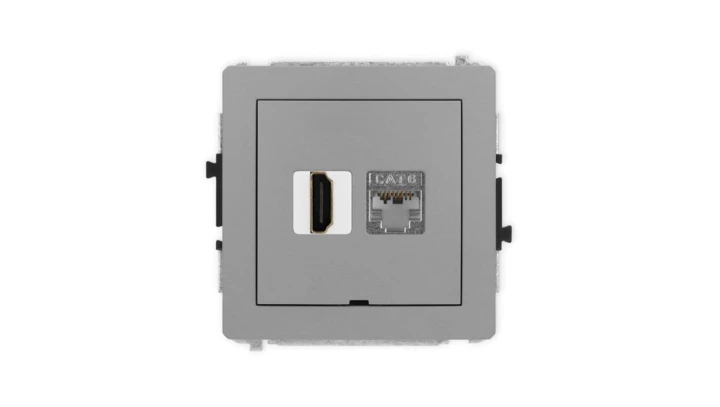 DECO Mechanizm gniazda HDMI 2.0, 4K + gniazda 1xRJ45, kat. 6, ekranowany, 8-stykowy, bez pola opisowego szary mat 27DGHKBO-46