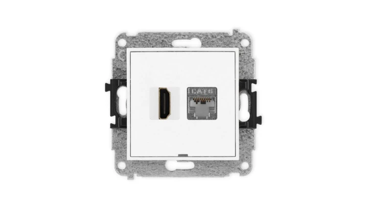 MINI Mechanizm gniazda HDMI 2.0, 4K + gniazda 1xRJ45, kat. 6, ekranowany, 8-stykowy, bez pola opisowego biały mat 25MGHKBO-46