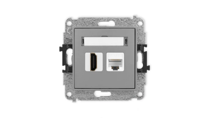 MINI Mechanizm gniazda pojedynczego HDMI 2.0, 4K + gniazda komp. poj. 1xRJ45, kat. 6A, 8-stykowy szary mat 27MGHK-46A
