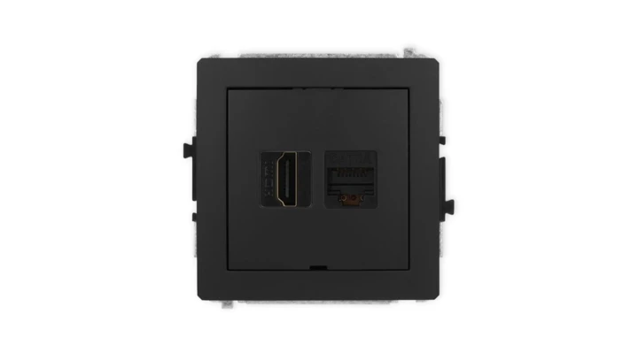 DECO Mechanizm gniazda HDMI 2.1, 8K + gniazda komp. poj. 1xRJ45, kat. 6A, 8-stykowy, bez pola opisowego czarny mat 12DGHKBO-86A