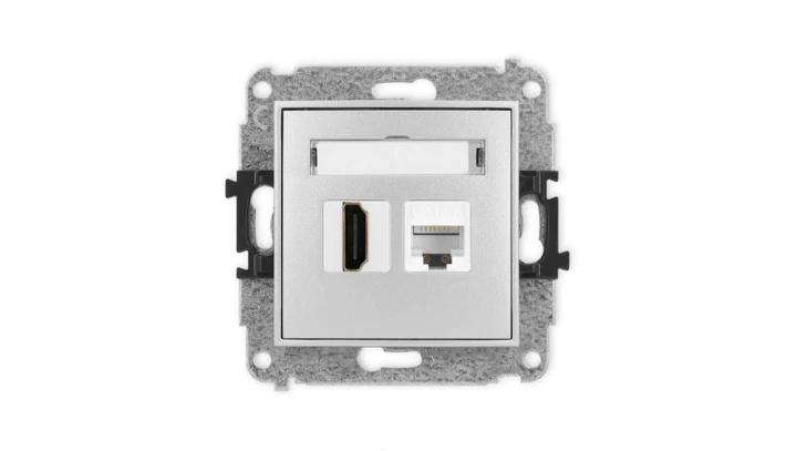 MINI Mechanizm gniazda pojedynczego HDMI 2.1, 8K + gniazda komp. poj. 1xRJ45, kat. 6A, 8-stykowy srebrny metalik 7MGHK-86A