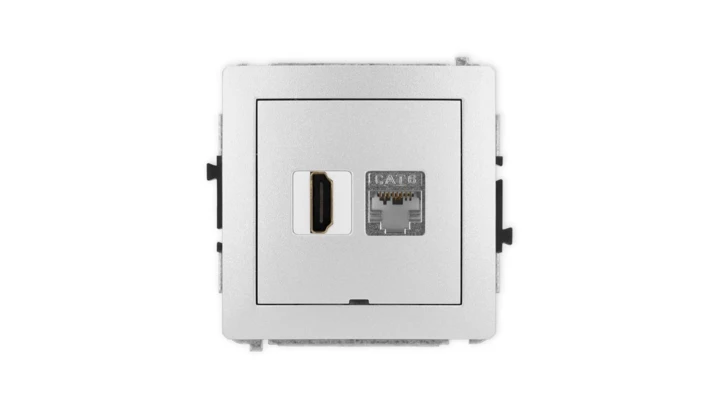 DECO Mechanizm gniazda HDMI 2.0, 4K + gniazda 1xRJ45, kat. 6, ekranowany, 8-stykowy, bez opisu srebrny metalik 7DGHKBO-46