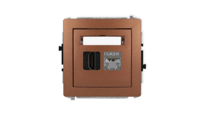 DECO Mechanizm gniazda HDMI 2.0, 4K + gniazda komp. poj. 1xRJ45, kat. 6, ekranowany, 8-stykowy brązowy metalik 9DGHK-46
