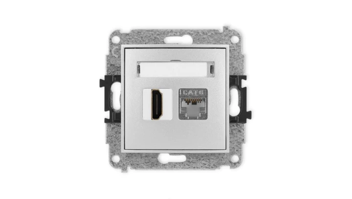 MINI Mechanizm gniazda HDMI 2.0, 4K + gniazda komp. poj. 1xRJ45, kat. 6, ekranowany, 8-stykowy srebrny metalik 7MGHK-46
