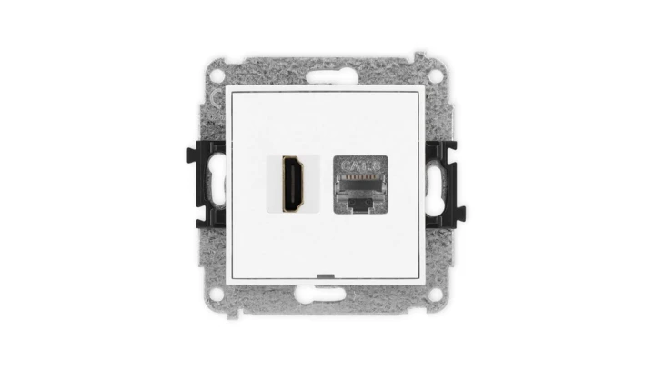 MINI Mechanizm gniazda HDMI 2.1, 8K + gniazda 1xRJ45, kat. 8, ekranowany, 8-stykowy, bez pola opisowego biały MGHKBO-88