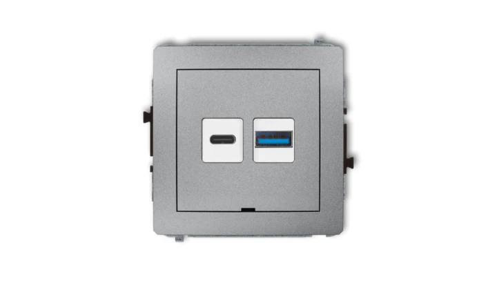 DECO Mechanizm ładowarki USB podwójnej USB C + USB A, 30W max., bez pola opisowego srebrny metalik 7DCUSBBO-10