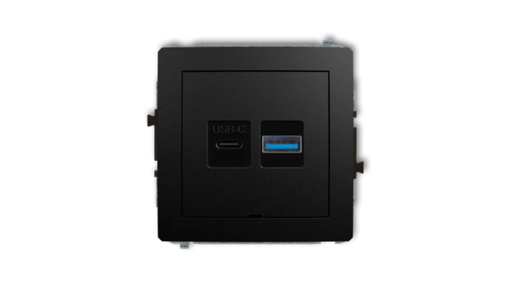 DECO Mechanizm ładowarki USB podwójnej USB C + USB A, 30W max., bez pola opisowego czarny mat 12DCUSBBO-10