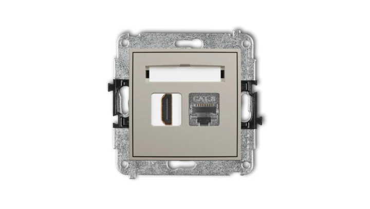 MINI Mechanizm gniazda pojedynczego HDMI 2.1, 8K + gniazda komp. poj. 1xRJ45, kat. 8, ekranowany, 8-stykowy taupe 60MGHK-88