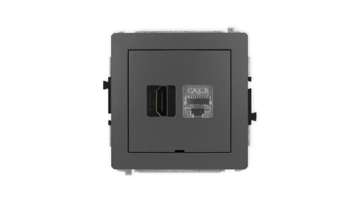 DECO Mechanizm gniazda HDMI 2.1, 8K + gniazda 1xRJ45, kat. 8, ekranowany, 8-stykowy, bez opisu grafitowy mat 28DGHKBO-88