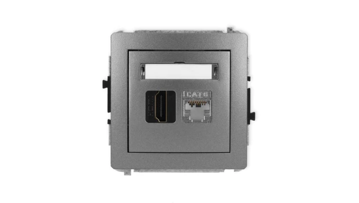 DECO Mechanizm gniazda pojedynczego HDMI 2.0, 4K + gniazda komp. poj. 1xRJ45, kat. 6, ekranowany, 8-stykowy grafitowy 11DGHK-46