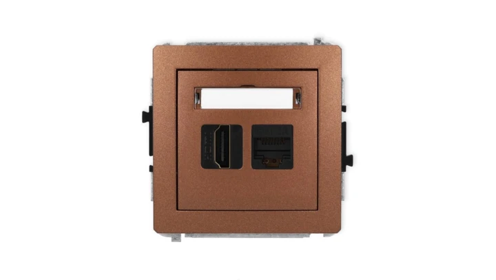 DECO Mechanizm gniazda pojedynczego HDMI 2.1, 8K + gniazda komp. poj. 1xRJ45, kat. 6A, 8-stykowy brązowy metalik 9DGHK-86A