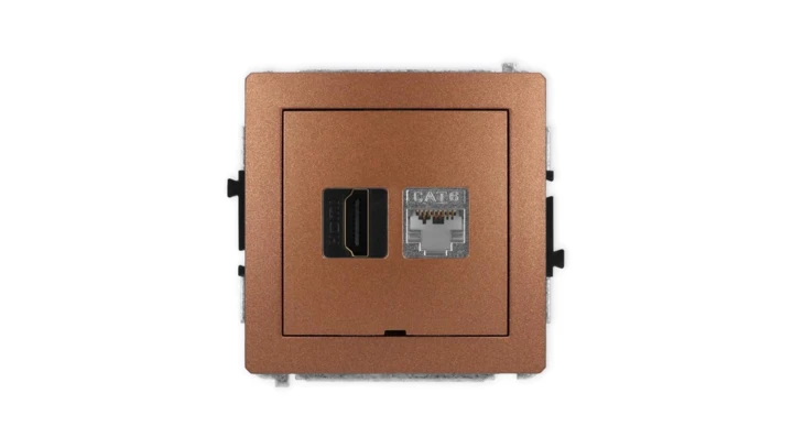 DECO Mechanizm gniazda HDMI 2.0, 4K + gniazda 1xRJ45, kat. 6, ekranowany, 8-stykowy, bez opisu brązowy metalik 9DGHKBO-46