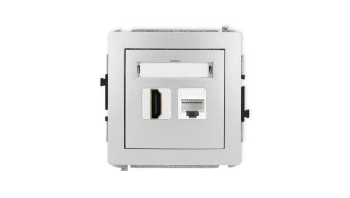 DECO Mechanizm gniazda pojedynczego HDMI 2.0, 4K + gniazda komp. poj. 1xRJ45, kat. 6A, 8-stykowy srebrny metalik 7DGHK-46A