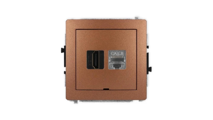 DECO Mechanizm gniazda HDMI 2.1, 8K + gniazda 1xRJ45, kat. 8, ekranowany, 8-stykowy, bez opisu brązowy metalik 9DGHKBO-88