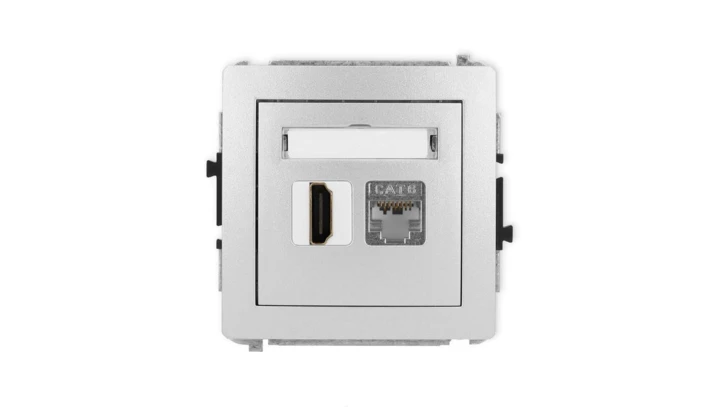 DECO Mechanizm gniazda HDMI 2.0, 4K + gniazda komp. poj. 1xRJ45, kat. 6, ekranowany, 8-stykowy srebrny metalik 7DGHK-46