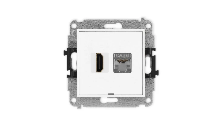 MINI Mechanizm gniazda HDMI 2.0, 4K + gniazda 1xRJ45, kat. 6, ekranowany, 8-stykowy, bez pola opisowego biały MGHKBO-46