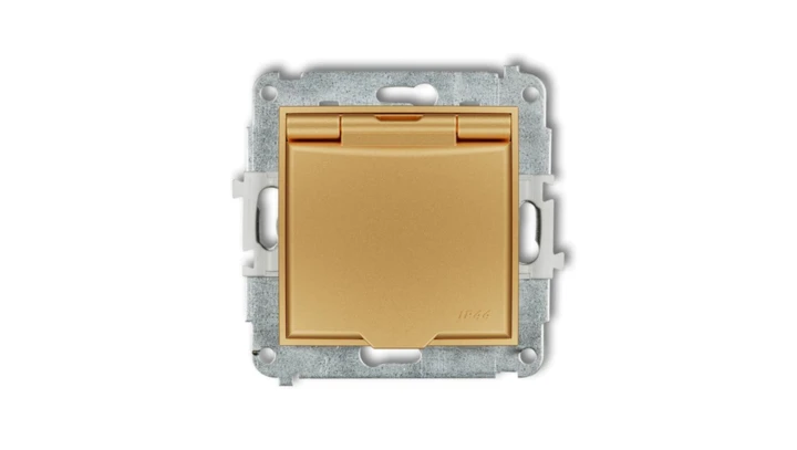 MINI Mechanizm gniazda bryzgoszczelnego z uziemieniem 2P+Z (klapka złota, przesłony torów prądowych) złoty 29MGPB-1zp