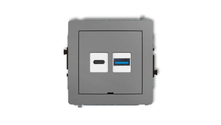 DECO Mechanizm ładowarki USB podwójnej USB C + USB A, 30W max., bez pola opisowego szary mat 27DCUSBBO-10