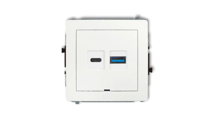 DECO Mechanizm ładowarki USB podwójnej USB C + USB A, 30W max., bez pola opisowego biały mat 25DCUSBBO-10