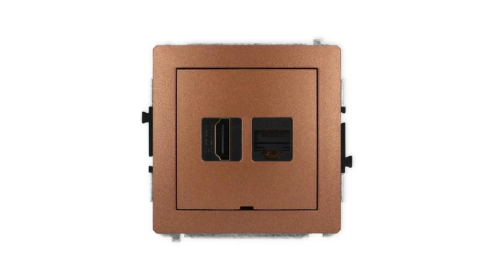 DECO Mechanizm gniazda HDMI 2.1, 8K + gniazda 1xRJ45, kat. 6A, 8-stykowy, bez pola opisowego brązowy metalik 9DGHKBO-86A