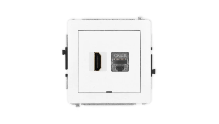 DECO Mechanizm gniazda HDMI 2.1, 8K + gniazda 1xRJ45, kat. 8, ekranowany, 8-stykowy, bez pola opisowego biały DGHKBO-88