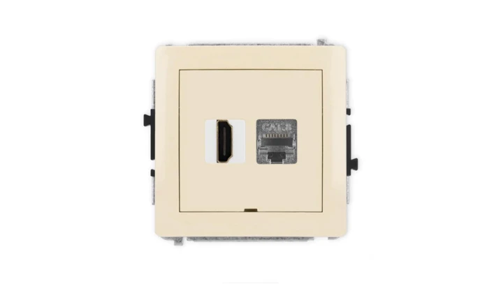 DECO Mechanizm gniazda HDMI 2.1, 8K + gniazda 1xRJ45, kat. 8, ekranowany, 8-stykowy, bez pola opisowego beżowy 1DGHKBO-88