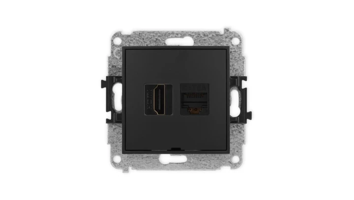 MINI Mechanizm gniazda HDMI 2.1, 8K + gniazda komp. poj. 1xRJ45, kat. 6A, 8-stykowy, bez pola opisowego czarny mat 12MGHKBO-86A
