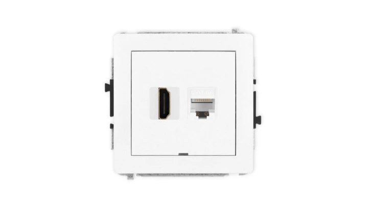 DECO Mechanizm gniazda HDMI 2.1, 8K + gniazda komp. poj. 1xRJ45, kat. 6A, 8-stykowy, bez pola opisowego biały mat 25DGHKBO-86A